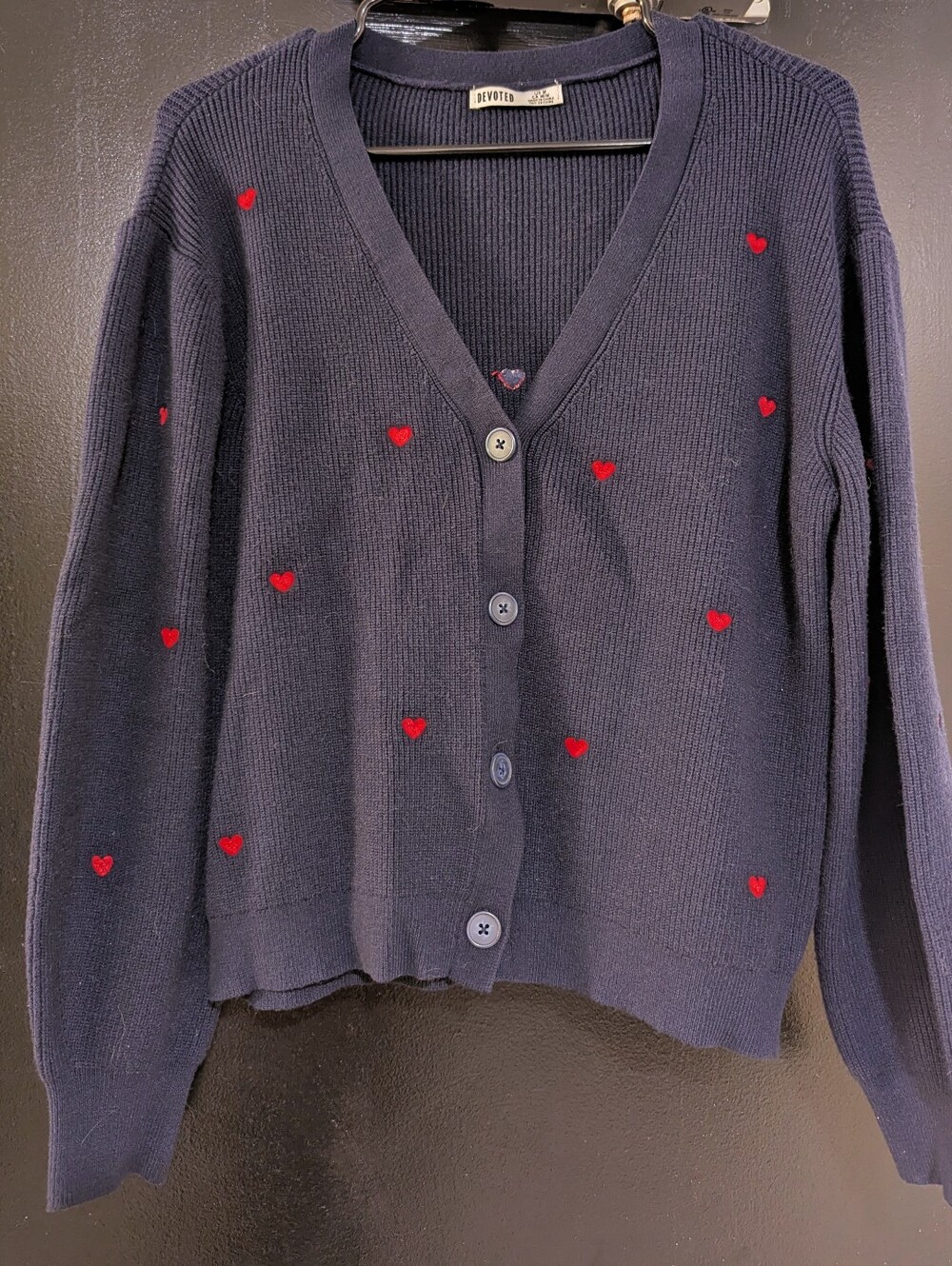 Devoted Navy Blue V-neck Cardigan With Red Hearts